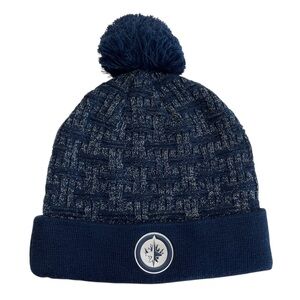 Winnipeg Jets NHL Navy Knit Beanie Pom Hat Metallic Silver One Size NWT
